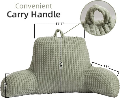 A Nice Night Reading Pillow Bed Wedge Large Adult Children Backrest with Arms Back Support for Sitting Up in Bed/Couch for Lounging Bedrest,Waffle Stereoscopic Design,LightGreen