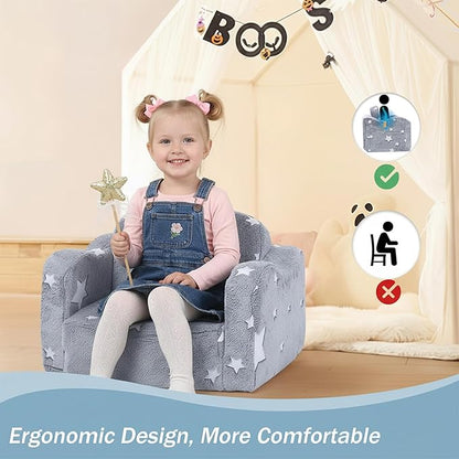 MeMoreCool Kids Glow Star Sofa Chair – 2-in-1 Foldable Toddler Lounger, Gray | Convertible Couch for Playroom or Nursery | Soft Foam Seat | Removable & Washable Cover | Glows in The Dark