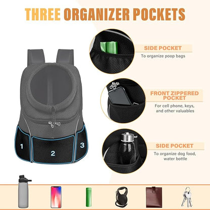 YUDODO Dog Front Carrier Backpack, Adjustable Breathable Dog Backpack | Ventilated, Safety Belt, Lightweight, Reflective Strip, Pocket Storage, For Walking Hiking Outdoor, Jet Black, L