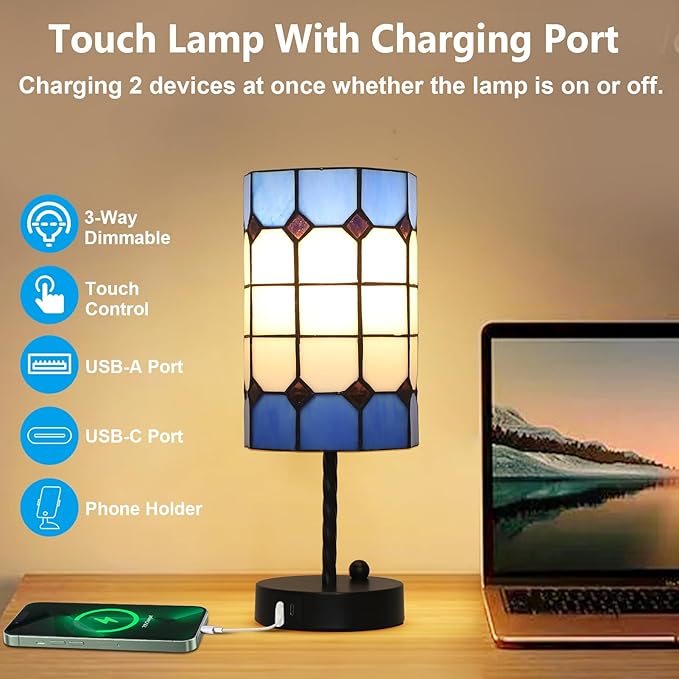 Stained Glass Table Lamp with USB Port, 3 Way Dimmable Touch Control Tiffany Desk Lamp with Bulbs, Vintage Lamp for Nightstand, Mid-century Small Bedside Lamp For Bedroom Living Room Office Nursery
