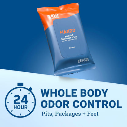 Mando Deodorant Wipes - 24 Hour Odor Control - Aluminum Free, Baking Soda Free, Skin Safe - 45 Count (2 Pack)