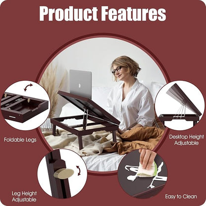 Bamboo Adjustable & Foldable Bed Tray Table with Ergonomic Handle, 17x12in Breakfast Tray for Eating, Laptop Desk, Sofa Snacking, Non-Slip Surface (Mahogany)