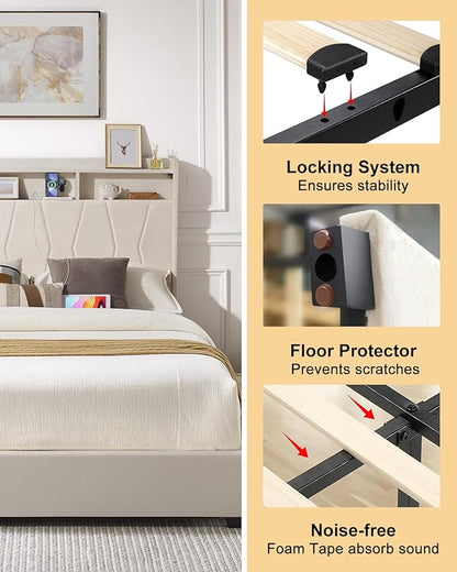 Queen Bed Frame, Velvet Upholstered LED Platform Bed with Headboard Storage, Queen Bed Built-in Charging Station with 4 Drawers, Wood Slat Support, No Box Spring Needed, Beige