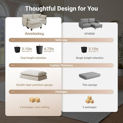 Amsleekey Modular Sectional Sofa, 111.5" U-Shaped Corduroy Comfy Sectional Couches for Living Room, 3-Seater Cloud Couches with 2 Movable Ottomans, Flexible Combination Modern Deep Seat Sofa (Beige)