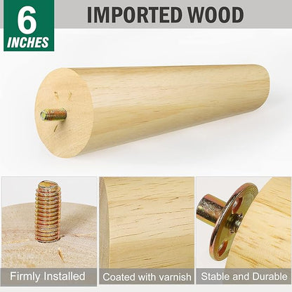 FoDau770 Rubber Wood Furniture Legs 6 Inches, Slant Tapered Wood Feet Mid Century Sofa Legs Set of 4, 5/16" UNC Furniture Feet Replacement Parts for Cabinet Couch Dresser Chair Ottoman Table