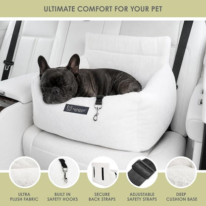 NANDOG Luxury Dog Car Seat Bed for Medium Dogs, Cloud Ultra Plush Pet Seat with Removable & Washable Cushion Insert, Thick Safety Seatbelt Straps, Secure Travel Carrier, Pearl White, 22" L x 18" W