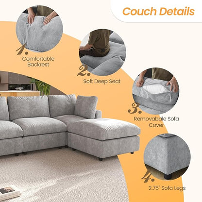 JACH U Shape Sectional Couches for Living Room, Modular Sofa with Chaise Ottomans, Cloud Sectional Couch, Sofa Covers Washable, Minimalist Couch for Living Room, Apartment, Light Grey