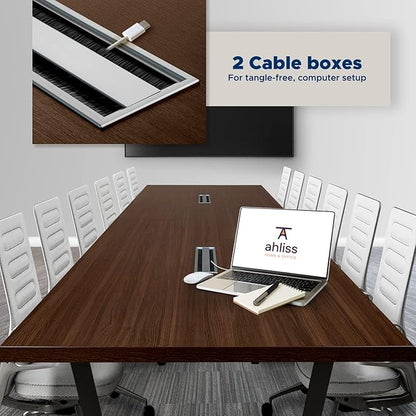 ahliss Sturdy Conference Table with Cable Management Grommets Modern Rectangle Office Meeting Table with Wood Tabletop and Metal Frame & Legs- Easy Assembly Boardroom Table (Dark Brown, 12 Foot)
