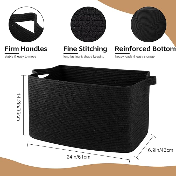 95L Extra Large Blanket Basket, 24" x 16.9" x 14.2" Woven Storage Basket for Living Room, Rectangle Nursery Blanket Storage for Toys, Towels, Dirty Clothes (Black)