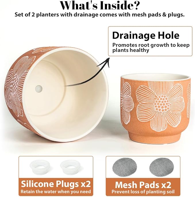 YBX 8 Inch + 6 Inch White Flower Pattern Plant Pots, Sand Glazed Ceramic Planter with Drainage Hole, Flower Pots for Indoor Plants, Orange
