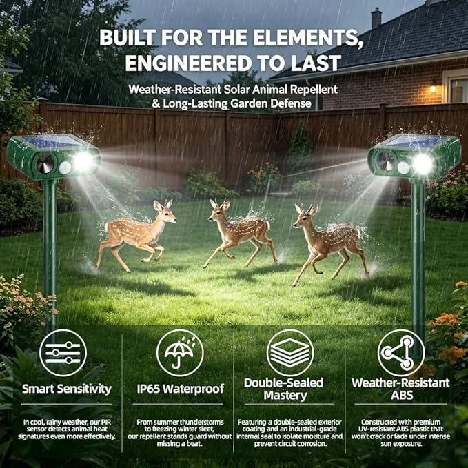 2Pack Upgraded Sonic Fortress Pro Deer Repellent Solar Animal Repellent Ultrasonic Outdoor with Motion Sensor Strobe Light for Squirrel Raccoon Rabbit Cat Skunk Deterrent Keep Pests Out of Yard Farm