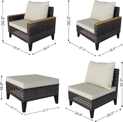 PCSXDSW 7 Pieces Patio Furniture Set, Outdoor Conversation Sets with Footstool, Wicker Rattan Sofa Couches Chairs Ottomans for Porch, Poolside, Deck, Balcony, Backyard, Yard, Garden (Beige Cushions)