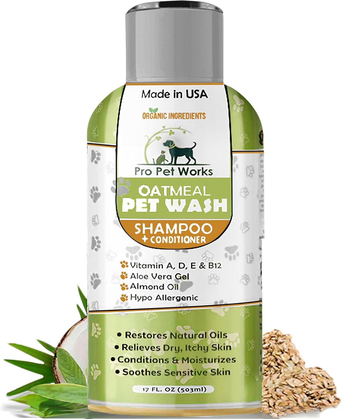Oatmeal Dog Shampoo & Conditioner 17oz [USA] 5 in 1 Plant-Based Organic Sulfate-Free Soap-Free-Tearless Moisturizer for Dandruff Allergies & Itchy Dry Sensitive Skin-Puppy Grooming [Pro Pet Works]