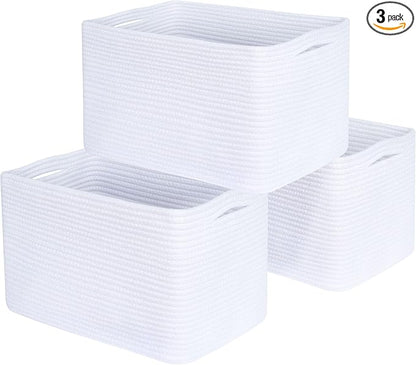 MINTWOOD Design 3-Pack Decorative Woven Storage Baskets for Shelves, Cube Bin Box for Organizing Books, Shoes, Dog Toys, Pantry Closet and Living Room Organizer, Full White
