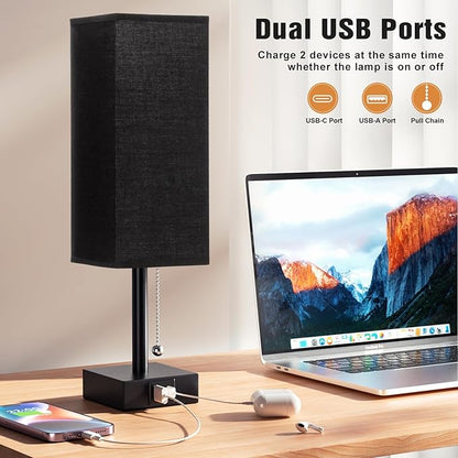 Bedside Table Lamps Set of 2 - Black Bedroom Lamps with 3 Color Temperatures (3000K/5000K/4000K), Two Square Nightstand Lamps with USB C + A Charging Ports, Pull Chain Small Night Light for End Table