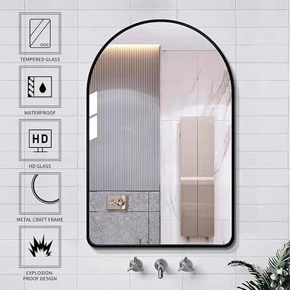 24x36 Inch Premium Black Arched Tempered Glass Mirror Shatter Resistant No