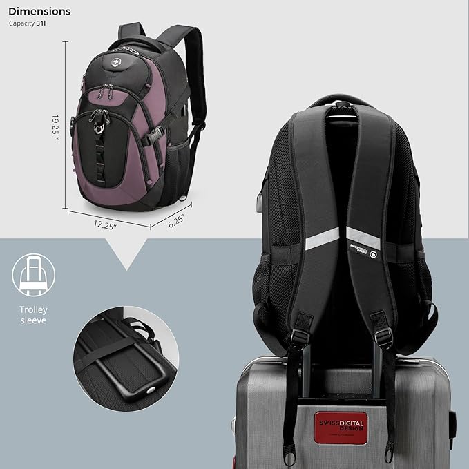 Swissdigital Design Laptop Backpack with USB Charging Port, Travel Backpack Fits 15.6 inches Computer, 31L College School Backpack for Women, Light Purple/Black | SD803-85