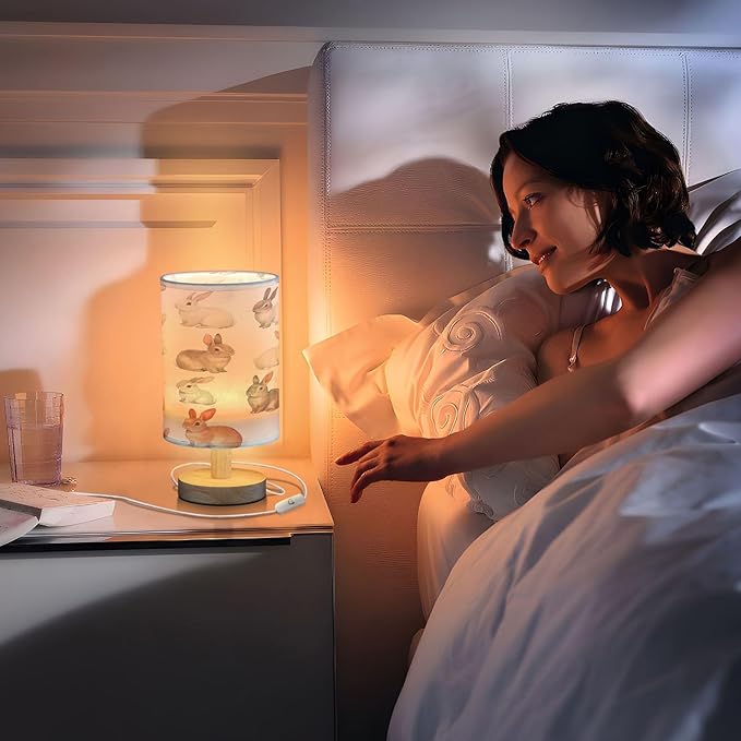 Rabbits LED Table Lamp for Bedroom Bedside Lamp with USB Charging Ports Decor Nightstand for Living Room Reading Dorm Desk Home Office