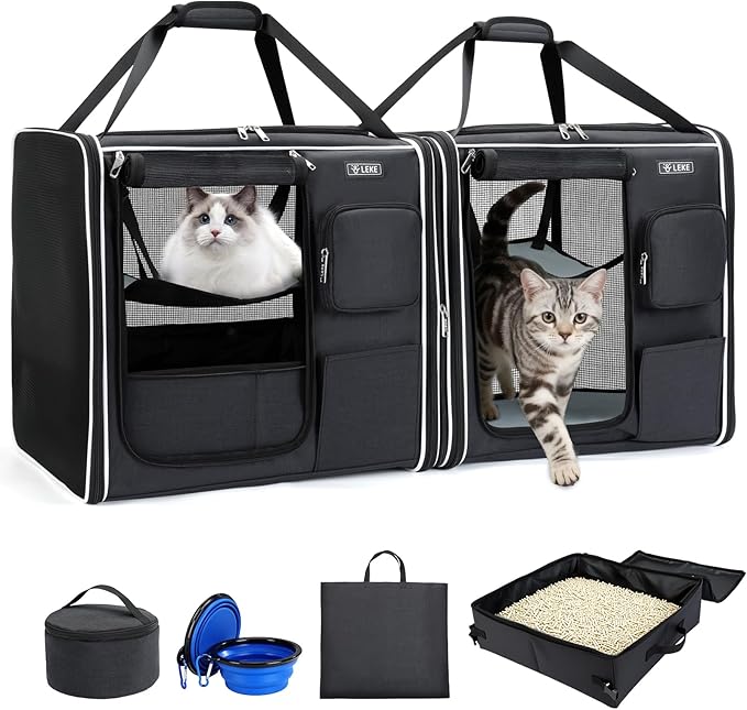 Lekereise Extra Large Cat Carrier Soft Sided, 37" x 18" x 18", Large cat Travel Carrier for 2 Cats with Zipper Locks for Moving Across The Country, Foldable for Storage, Black