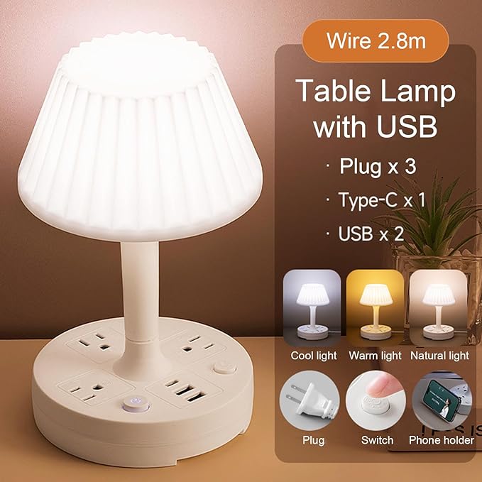 Table Lamp with USB Port and Outlet, Small Desk Lamp for Bedroom, 3-Colors Dimmable LED Lamps Eye Care Night Stand Lights, USB Charging Desk Lights for Home Office/Living Room