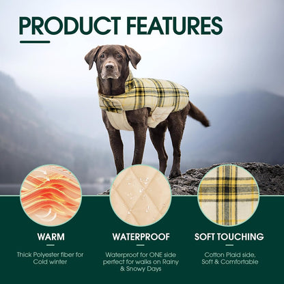 Kuoser Warm Dog Coat, Waterproof Dog Jacket for Extra Large Dogs, Adjustable Durable XXL Doggie Winter Coat Reversible Puppy Cold Weather Apparel from Small to Large Breed, Yellow XXL