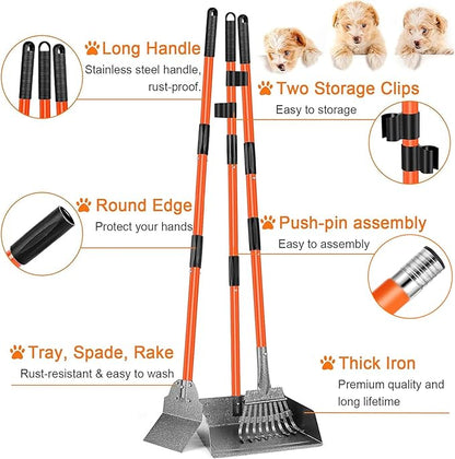 TNELTUEB Scooper Adjustable Long Handle Metal Tray Rake and Spade Poop Scooper for Dogs Pack Poop Scoop Pet Waste Removal Poop Scoop for Large Dogs and Pets Great for Lawns Grass Gravel