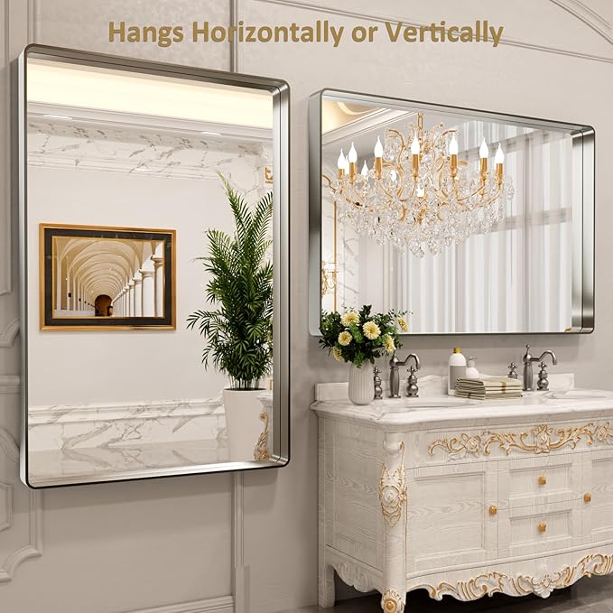 LOAAO 60X40 Inch Brushed Nickel Bathroom Mirror, Rounded Rectangle Silver Metal