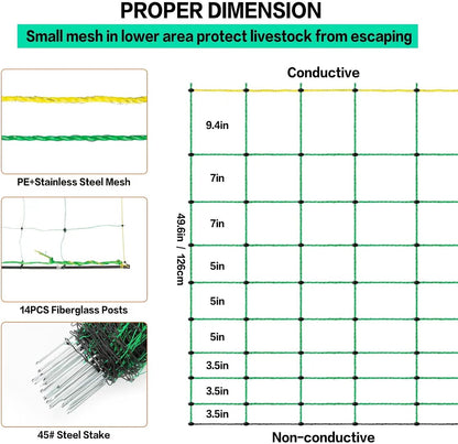 Electric Fence Netting, 49.6" H x 164' L, PE Net Fencing Kit with 14 Posts Double Spiked, Utility Portable Mesh for Sheep Hogs Goats Deer Dogs Lambs Used in Backyards Farms Ranches Patio, Green