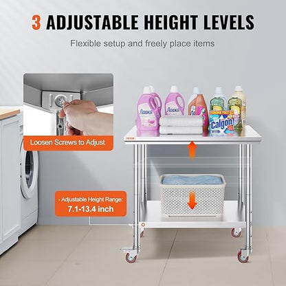 Vevor Mophorn Stainless Steel Work Table 36x24 Inch with 4 Wheels, Casters Heavy Duty Food Prep Worktable for Commercial Kitchen Restaurant, Silver