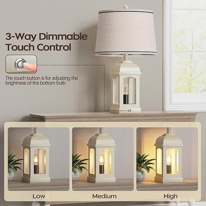 QiMH Table Lamp for Living Room, Farmhouse Lamps Set of 2 with USB A+C and Nightlight, 26" Rustic Bedside Lamps with 3-Way Dimmable, Touch Nightstand Lamp for Bedroom, White