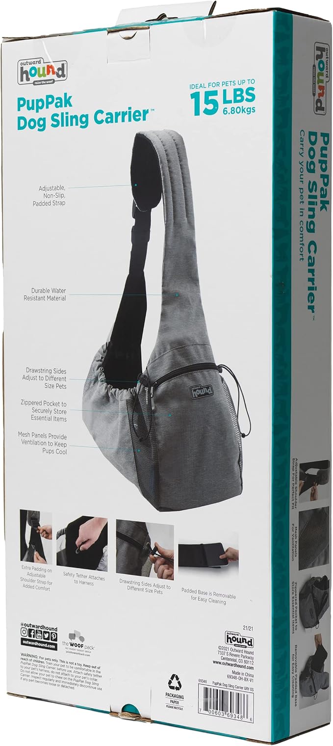 Outward Hound PupPak Sling Dog Carrier, Grey – Hands-Free Sling for Small Pets up to 15 lbs, Adjustable Strap, Mesh Ventilation, Zippered Pocket, Drawstring Fit – Ideal for Travel & Adventures
