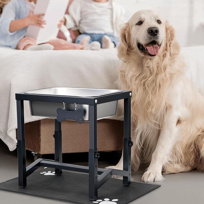 2 Gallon Elevated Large Dog Water Bowl, 4 Adjustable Height 10.5-15.8'' Raised Stainless Steel Bowl Stand with Anti-Slip Mat for Large Breed, Metal Dog Feeding Station for Relief Joint Pressure