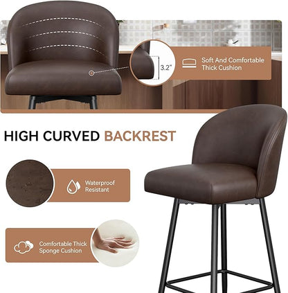 Counter Height Bar Stools Set of 4,360° Swivel Barstools with High Back and Metal Legs,26" Seat Height, Upholstered PU Leather Bar Chairs for Kitchen Island, Dining Room,Cafes,Black Brown