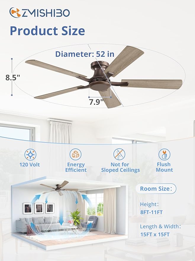 ZMISHIBO 52 Inch Ceiling Fan No Light, Flush Mount Low Profile, Farmhouse Brown
