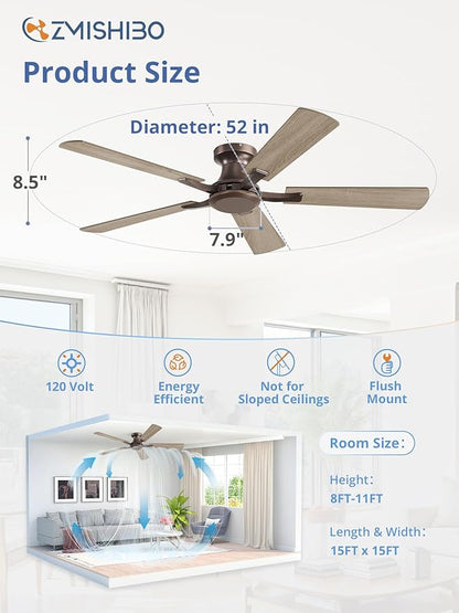 ZMISHIBO 52 Inch Ceiling Fan No Light, Flush Mount Low Profile, Farmhouse Brown