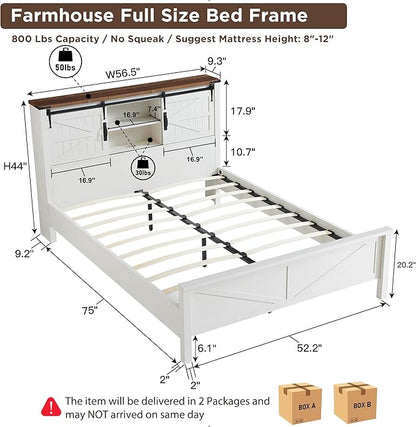 T4TREAM Farmhouse King Size Bed Frame w/Storage Bookcase Headboard, Sliding Barn Door, Charging Station, Rustic Wood Platform Bed w/Wood Slats Support, No Box Spring Needed, Antique Brush White