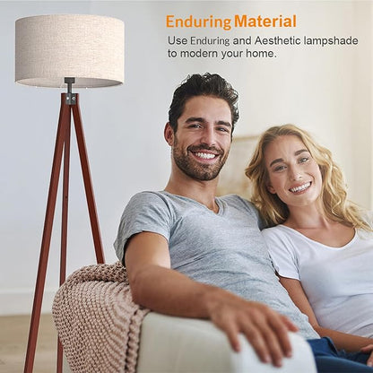 LEPOWER Wood Tripod Floor Lamp, Mid Century Standing Lamp, Modern Design Studying Light for Living Room, Bedroom, Study Room and Office, Flaxen Linen Shade with E26 Base Brown