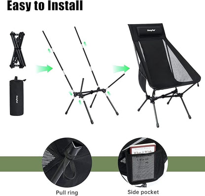 SUNNYFEEL High Back Camping Chair, 15 Second Setup Frame, 330lb Capacity, Portable Backpacking Chair, Lightweight & Compact Folding Camp Chair for Hiking Camping, Black