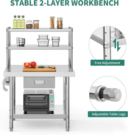 YITAHOME Stainless Steel Adjustable Work Table with 36" 12" Shelf, Overshelves & Drawer - NSF Metal Prep Table for Kitchen, Home, Restaurant & More