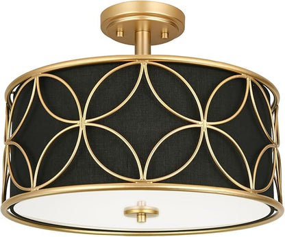3-Light Semi Flush Mount Ceiling Light, 16" Drum Light with Fabric Shade, Modern Close to Ceiling Lamp for Living Room Bedroom Dining Room Kitchen Hallway Entry Foyer (Black Gold)