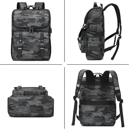 YALUNDISI Vintage Backpack Travel Laptop Backpack with usb Charging Port for Women & Men College Backpack Fits 15.6 Inch Laptop Camouflage Gray