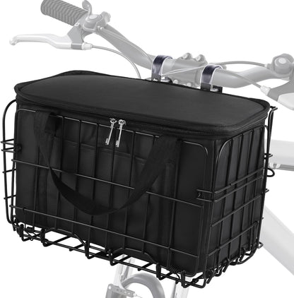Aodaer Bike Basket with Removable Liner Bag Cargo Net Large Folding Bike Basket Quick Release Metal Ebike Basket Bicycle Storage Basket for Carrying Fruit & Grocery Pets Dogs