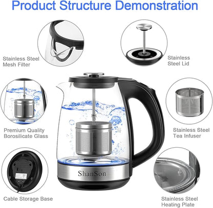 ShanSon Electric Kettle with Tea Infuser 1.7L Temperature Control Glass