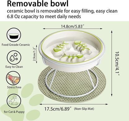 Ceramic Elevated Slow Feeder Cat Bowl, Anti Vomit, Removable Dish, Green | Removable Ceramic Bowl Elevated Anti Vomit Whisker-Friendly Wet & Dry Food Green Glazed Finish