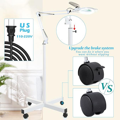 KIRKAS 10X Magniyfing Floor Lamp with 4 Wheel Rolling Base for Estheticians 2,200 Lumens LED Magnifier Lighted Glass Lens, Adjustable Stand & Swivel Arm Floor Lamp for Reading, Crafts, Tasks-White