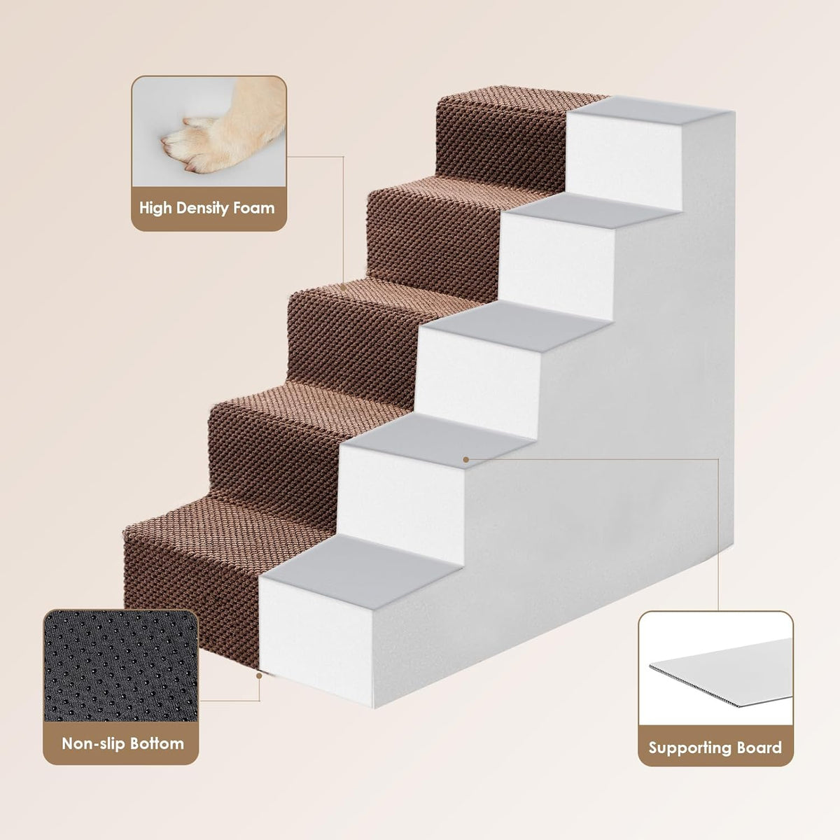 EHEYCIGA Dog Stairs for High Bed 22.5" H, 5-Step Dog Steps for Bed, Pet Steps for Small Dogs and Cats, Non-Slip Balanced Pet Ramp Indoor, Brown