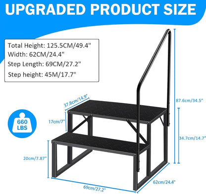 RV Steps with Handrail, 2 Steps Ladder Hot Tub Steps with Handrail, Portable Mobile Home Stairs Outdoor RV Stairs for 5th Wheel RVs