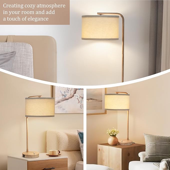 Farmhouse Table Lamp, Fully Dimmable Bedisde Nightstand Lamp with USB C+A Charging Ports, Modern Tall Table Lamp Desk Reading Lamp for Living Room, Bedroom, Office, 9W LED Bulb Included