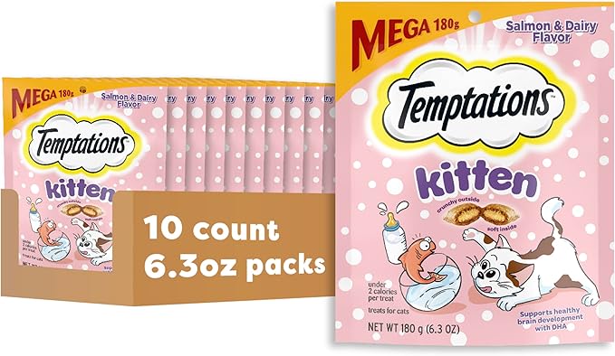 Temptations Kitten Crunchy and Soft Cat Treats Salmon and Dairy Flavor, 6.3 oz. Pouch, (Pack of 10)