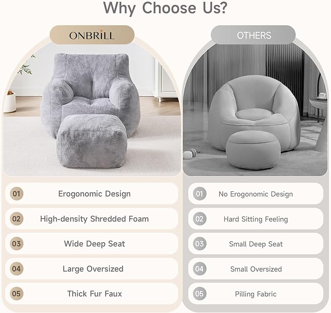 ONBRILL Giant Bean Bag Chairs for Adults with Ottoman, Faux Fur Boneless Chaise Couch Filler with Memory Foam,Large BeanBag Lounge Lazy Floor Sofa Accent Chair for Living Room,Bedroom & Game Rooms